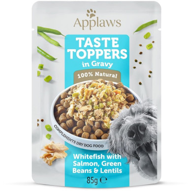 APPLAWS Natural – plic hrană umedă complementară pentru câini, cu pește alb, somon și vegetale în sos, 85 g